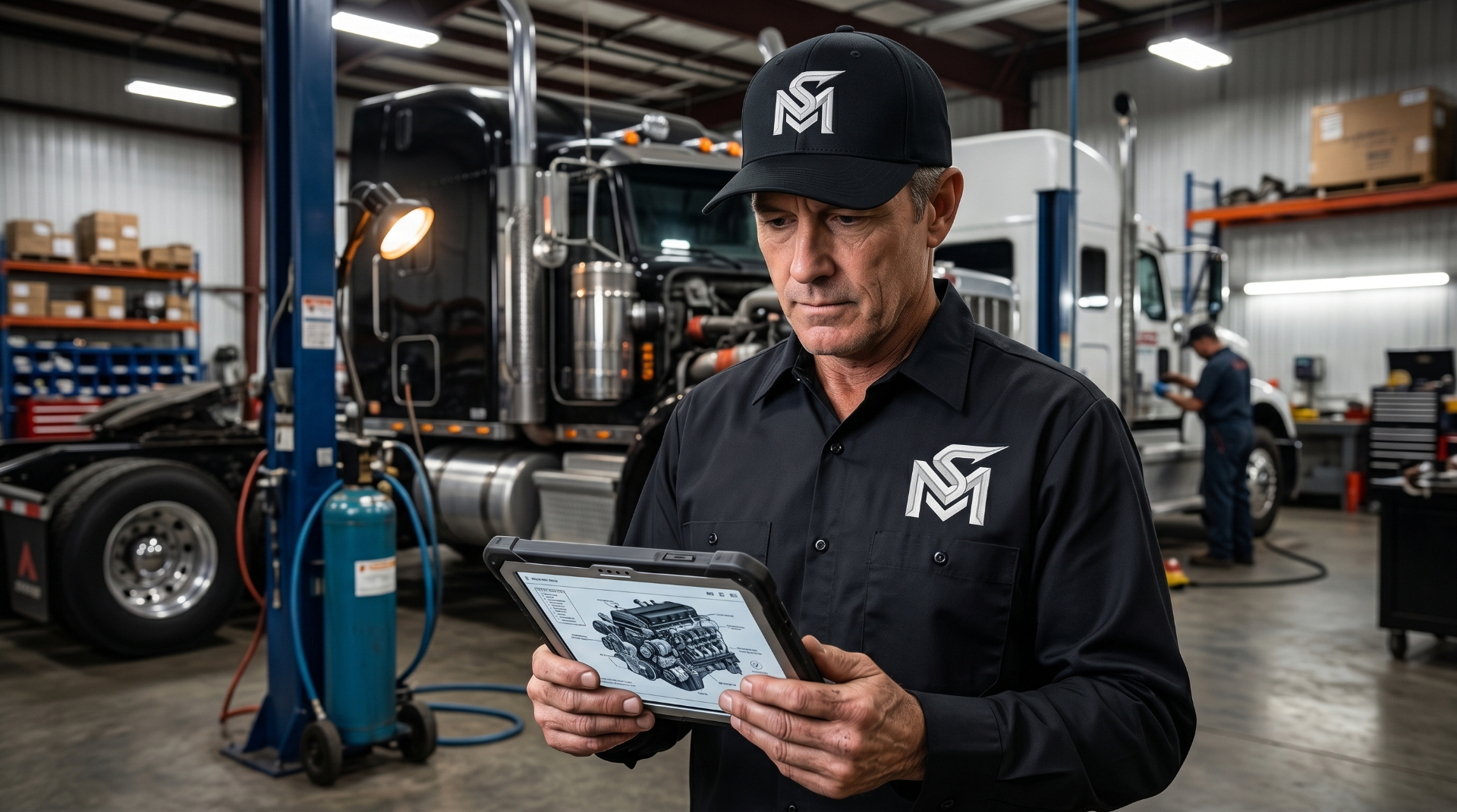 M.S Truck mechanic reviewing engine diagnostics on a tablet