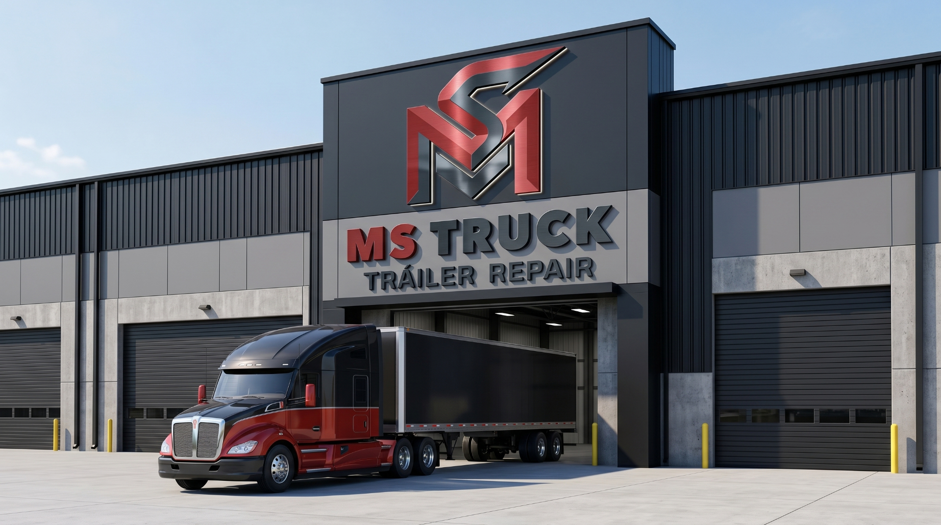 M.S Truck Trailer Repair shop front with semi-truck