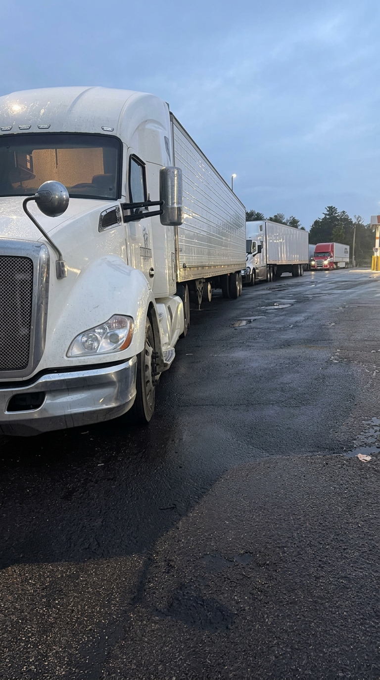 Commercial trucks and trailers awaiting service in the Albany, New York area
