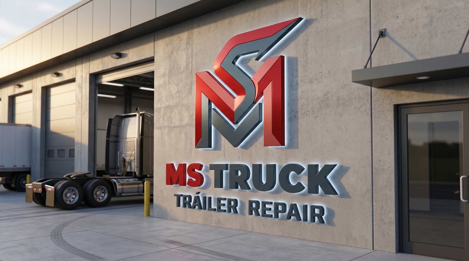 M.S Truck Trailer Repair branded shop wall